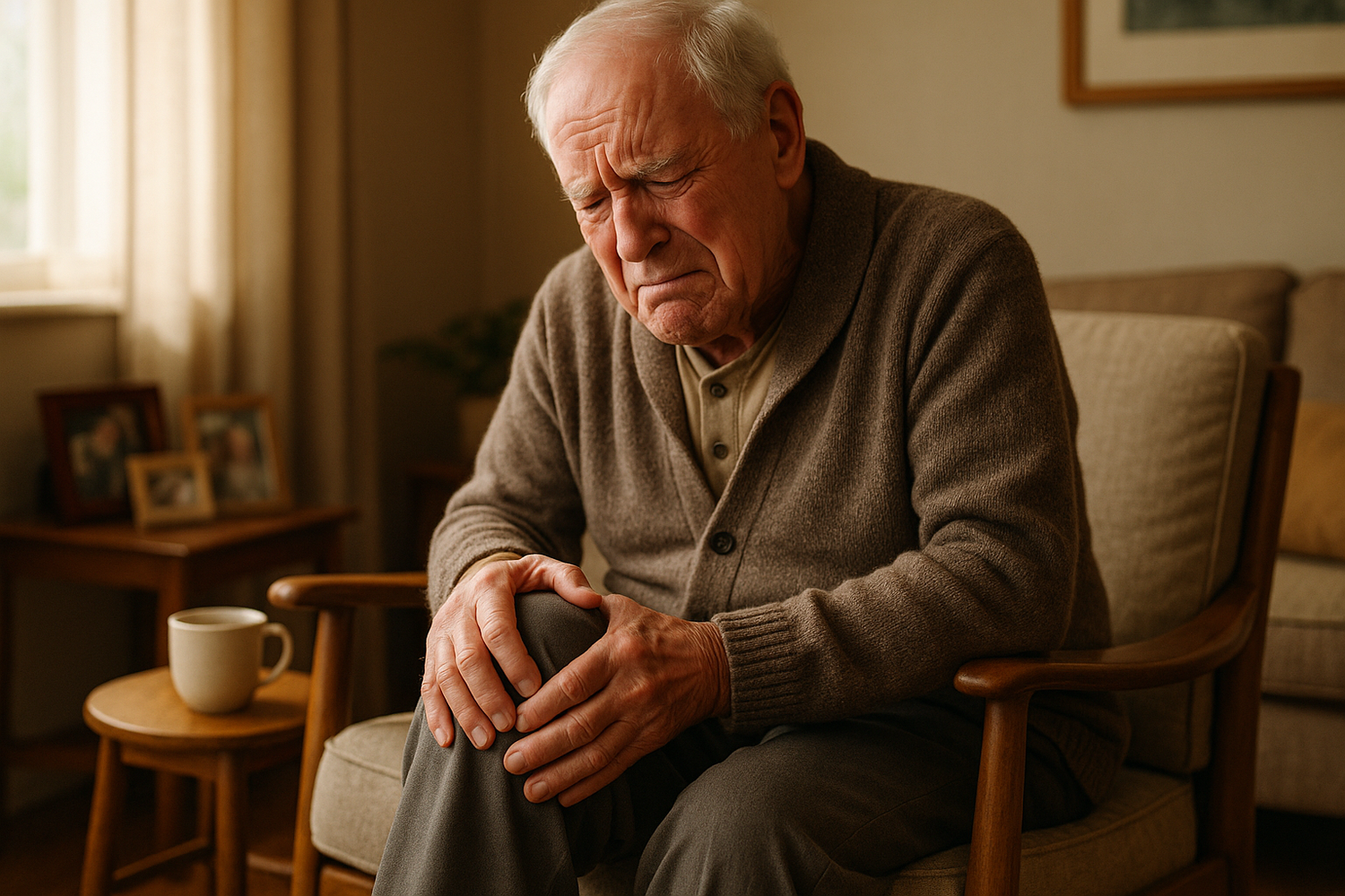 An elderly man sitting on a wooden chair indoors, holding his knee in pain with a strained expression on his face. Warm, homely background with soft lighting and cozy decor. Focus on the man’s knee area to highlight discomfort, suitable for promoting knee pain relief patches.”